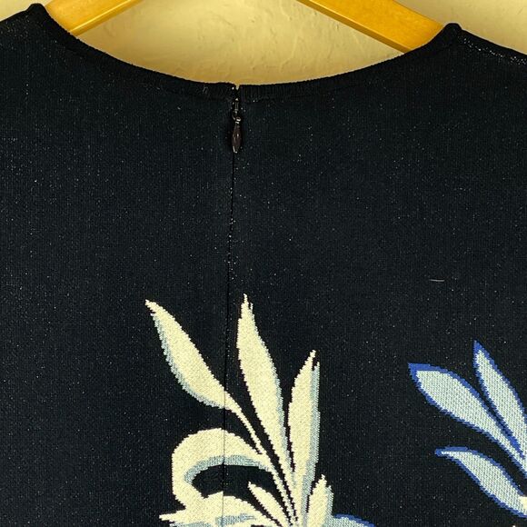 ~ St. John 10 Luxury Knit Midi Dress Navy Floral Cap Sleeve Flounce Hem Jacquard - Picture 11 of 16